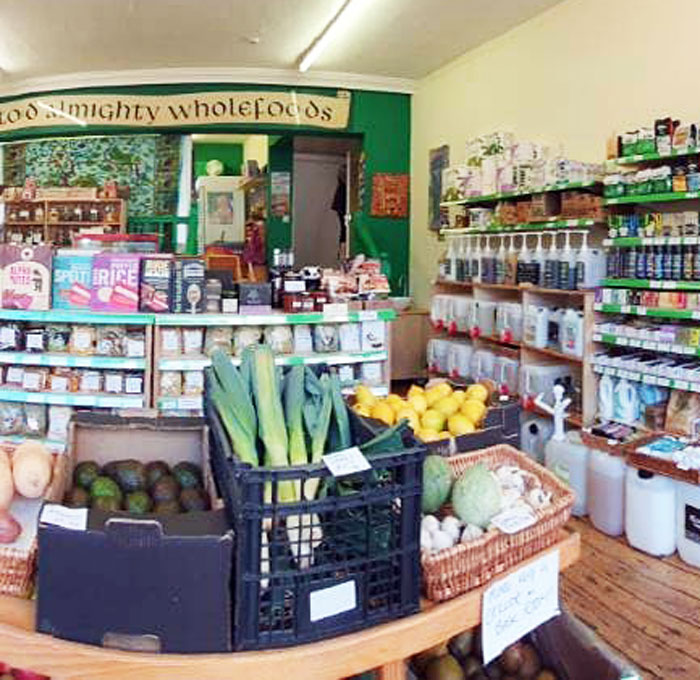 Photo of the inside the Todmorden shop in Yorkshire - showing some of our wide range of good quality, ethically and sustainably sourced wholefoods